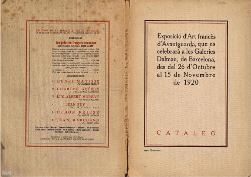 Exposició d'art francés d'avantguardia que es celebrarà les Galeries Dalmau, de Barcelona, des del 26 d'octubre al 15 de novmebre de 1920: cataleg.
