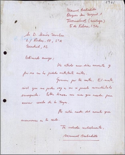 [Carta] 1971 febrero 5, Torremolinos (Málaga), a Simón Marchán, Madrid