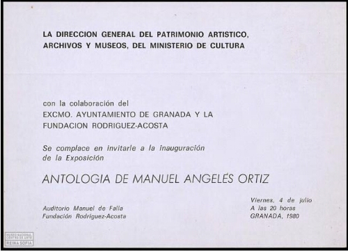 Antología de Manuel Ángeles Ortiz: Auditorio Manuel de Falla, Fundación Rodríguez-Acosta, Granada, 1980.