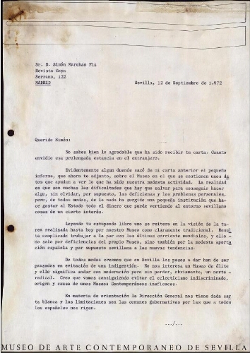 [Carta] 1972 septiembre 12, Sevilla, a Simón Marchán Fiz, Madrid