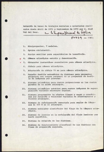 Relación de temas de trabajos mentales o materiales realizados desde abril de 1971 a septiembre de 1973 por José Val del Omar en la Empresa Nacional de Óptica, ENOSA-INI