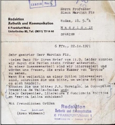 [Carta] 1971 octubre 6, Frankfurt, a Simón Marchán Fiz, Madrid