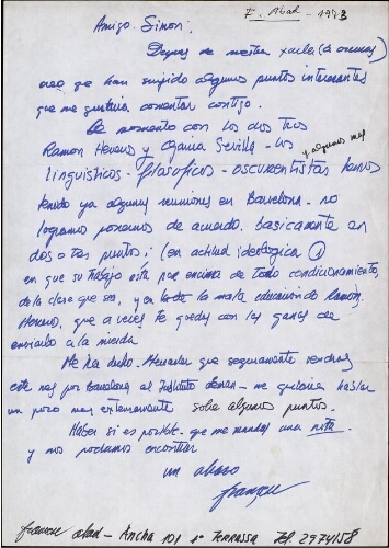 [Carta] 1973 mayo, Terrassa, a Simón [Marchán]