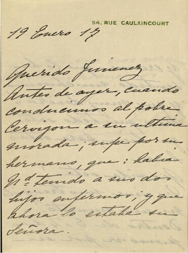 [Carta], 1917 en. 19, [París], a [Pedro] Jiménez, [San Sebastián?] 