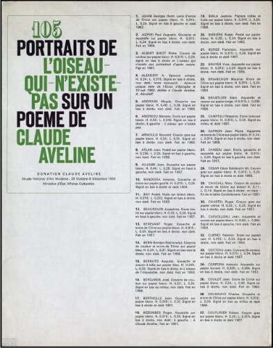 105 portraits de l'oiseau qui -n'existe pas sur un poeme de Claude Aveline: Donation Claude Aveline : Musée National d'Art Moderne, 29 octobre-8 décembre 1963.