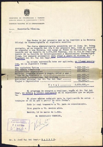 [Carta] 1964 marzo 16, Madrid, a José Val del Omar, Madrid /